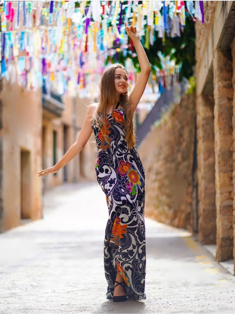 Y2K Simon Chang Vintage Floral Halter Maxi Dress Open Back Adjustable Tie